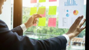 Business professional prepping for a meeting with post it notes and charts