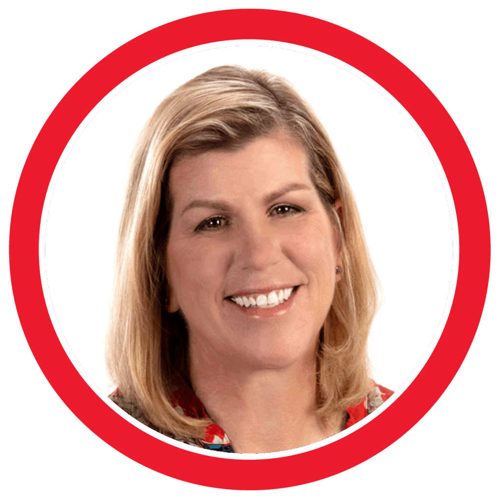 Circle-shaped headshot of Kimberli Jeter with red ring around her photo - speaking about Put a Different Spin on Networking | Meaningful Connections for Admins