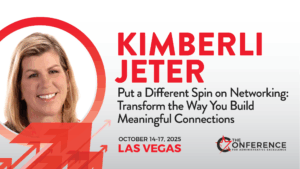 Kimberli Jeter speaker graphic with head shot and title "Put a Different Spin on Networking: Transform the Way You make Meaningful Connections"