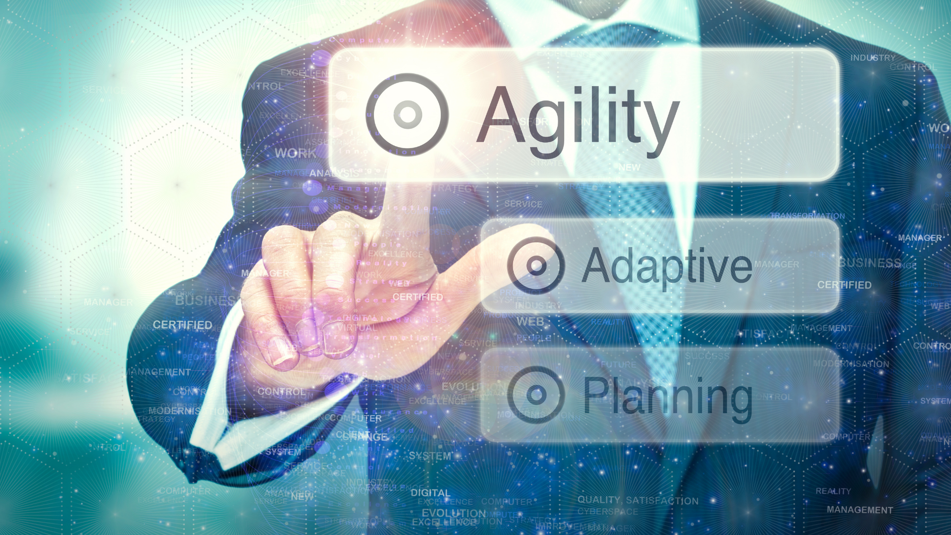 Workplace Agility for Assistants - Image of professional man pressing a computer button that says Agility